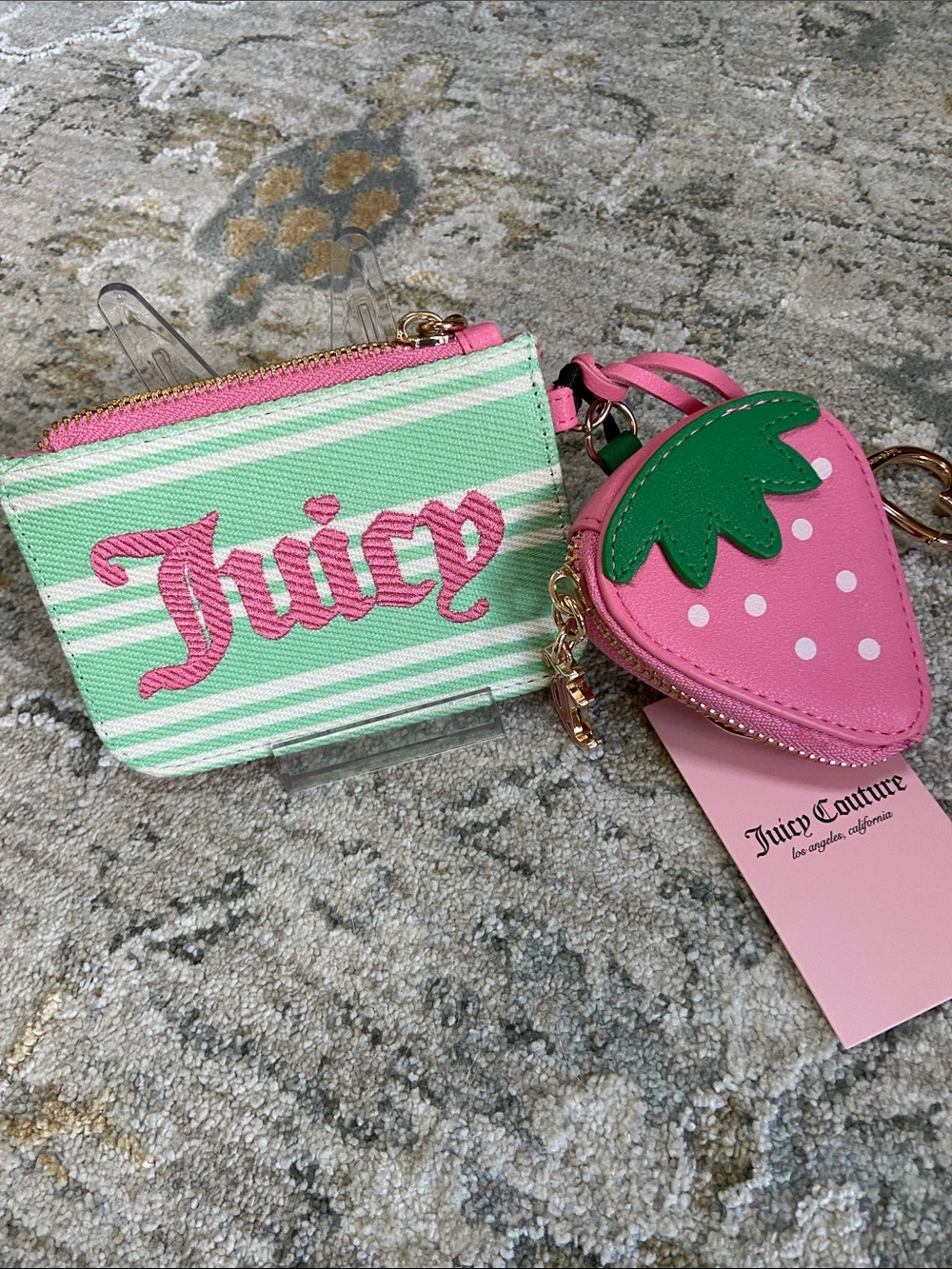 Juicy Couture Pink Card Case with Green Stripe and Strawberry Charm